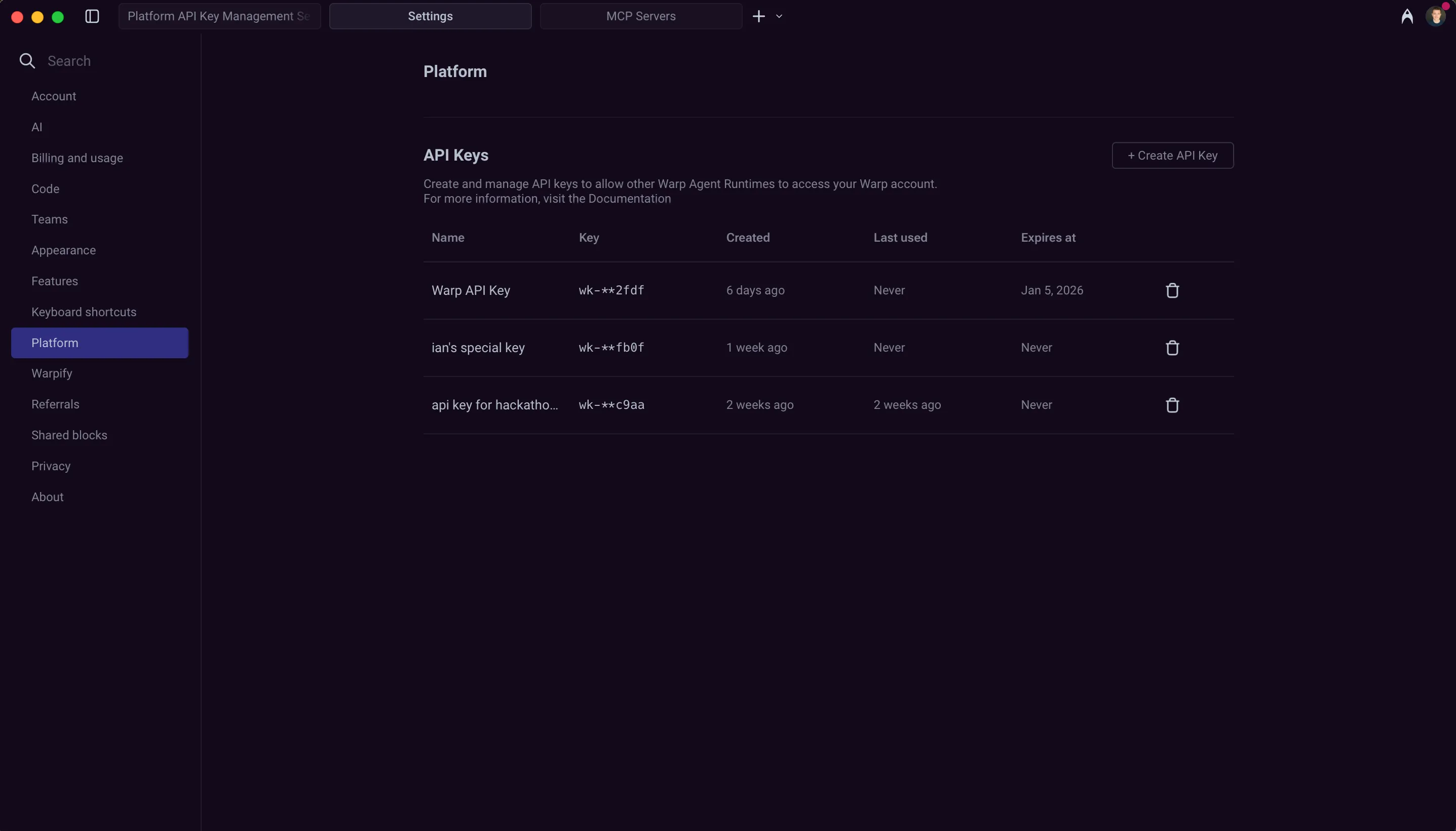 API key management interface in Warp settings